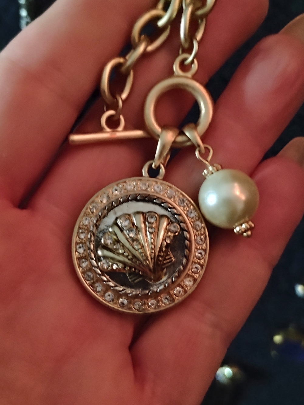 Gold-Tone Seashell Pendant Necklace with Pearl Accent
